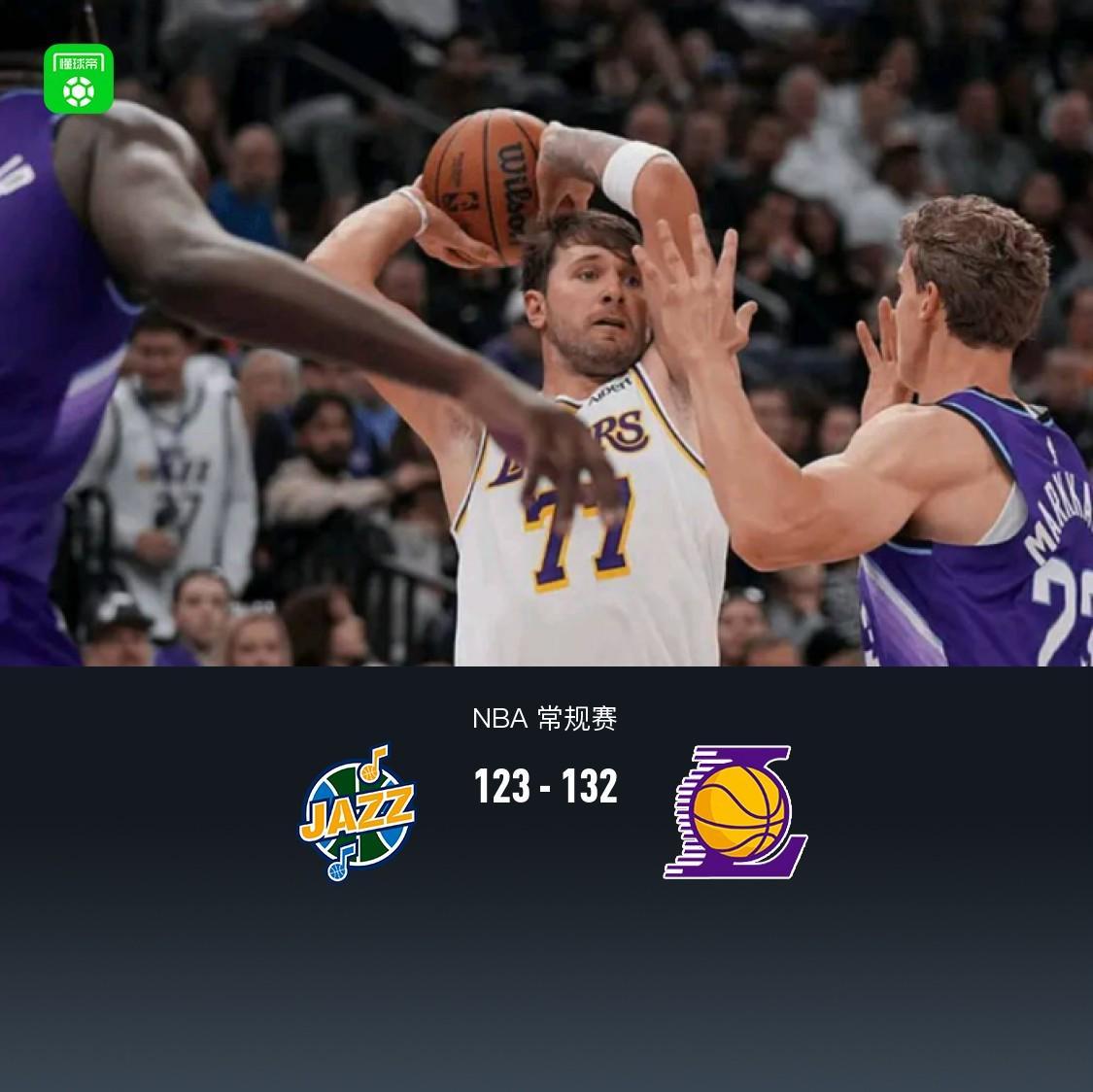湖人132-123逆转爵士，东契奇52+8+10，里夫斯29分，马尔卡宁28分
